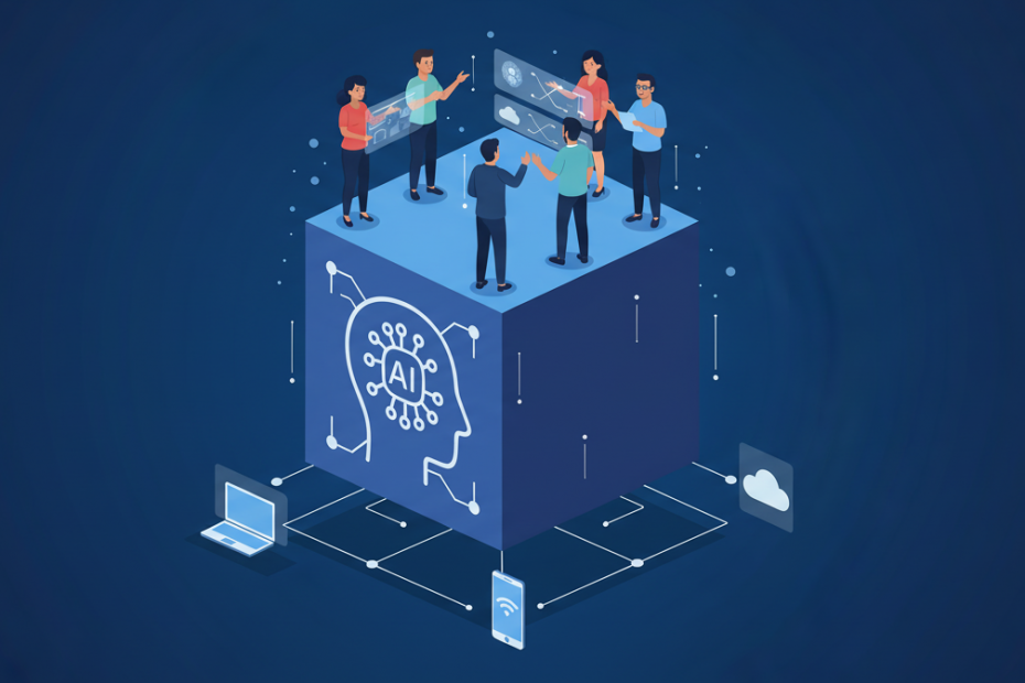 Illustration von Menschen, die gemeinsam mit Künstlicher Intelligenz (AI) arbeiten