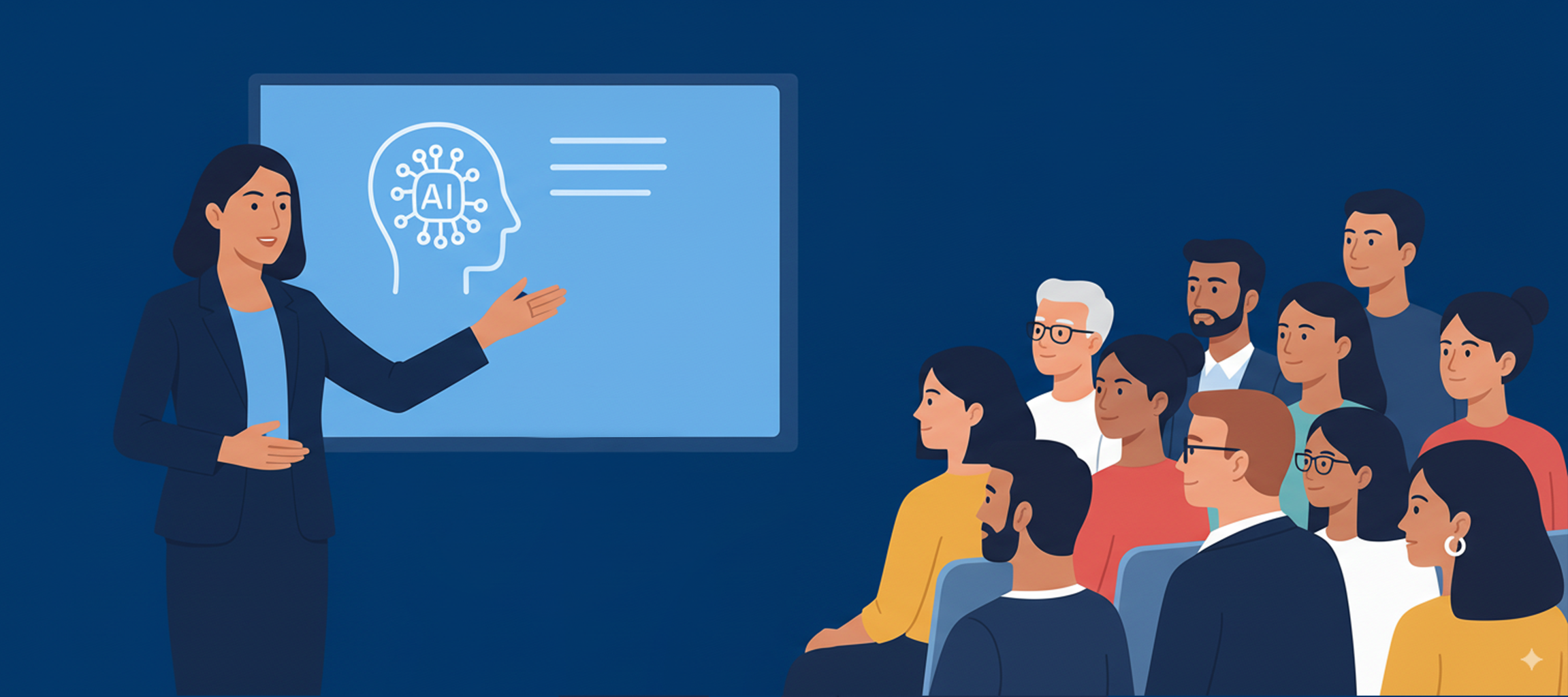 Comic-Frau erklärt Künstliche Intelligenz an einer Tafel