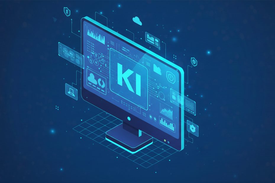 Computerbildschirm mit dem Schriftzug „KI“ auf dunklem Hintergrund